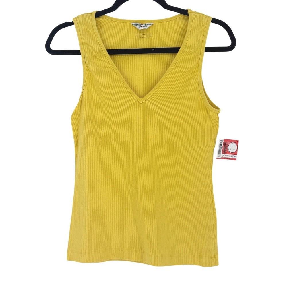 Hard Tail Forever‎ New y2k Yellow Ribbed Deep V Tank Top L Coastal Beach Summer